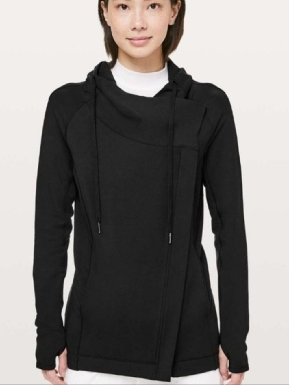 Lululemon Coast Easy Wrap Zip Cardigan Jacket Size 6 Black Cowl Neck Thumb Holes
